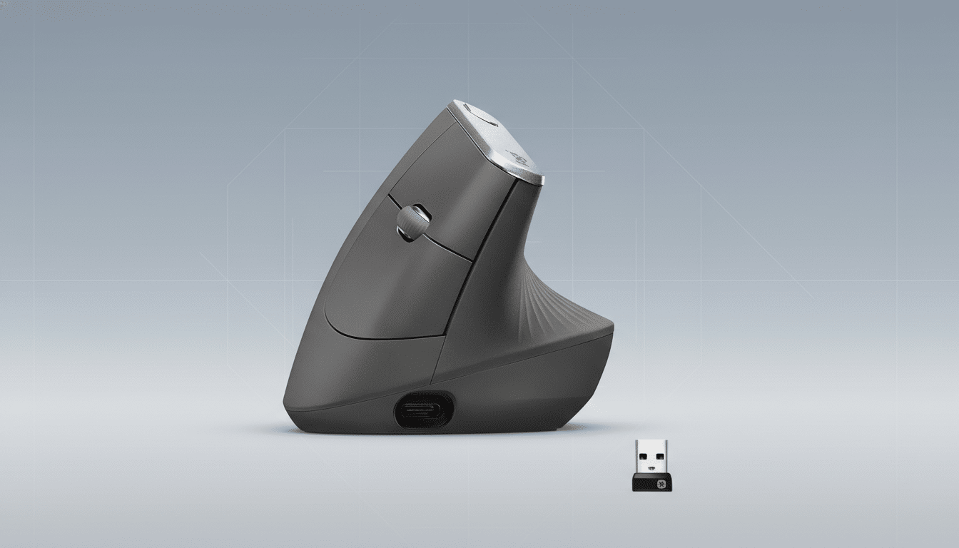 A professional 16:9 image of a dark gray ergonomic vertical mouse with a silver scroll wheel and a small USB receiver, set against a subtle gray background with soft geometric patterns.
