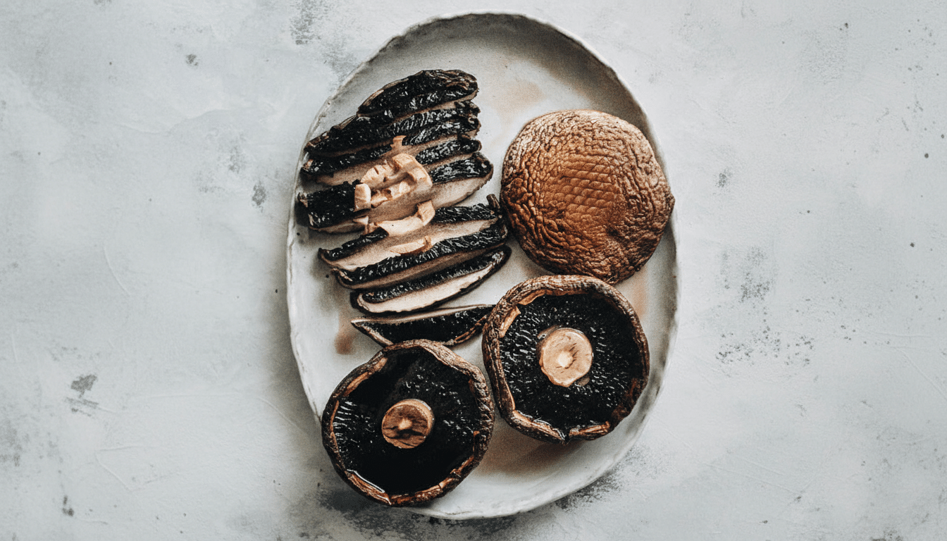 A plate of cooked portobello mushrooms, some whole and some sliced, on a light gray background.