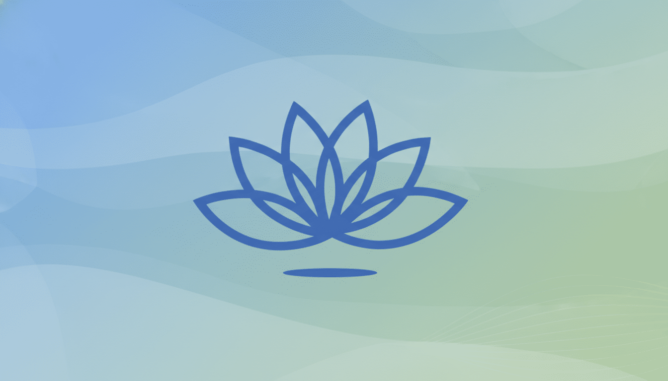 A blue lotus flower logo centered on a professional flat design background with soft blue and green gradients and subtle wave patterns.