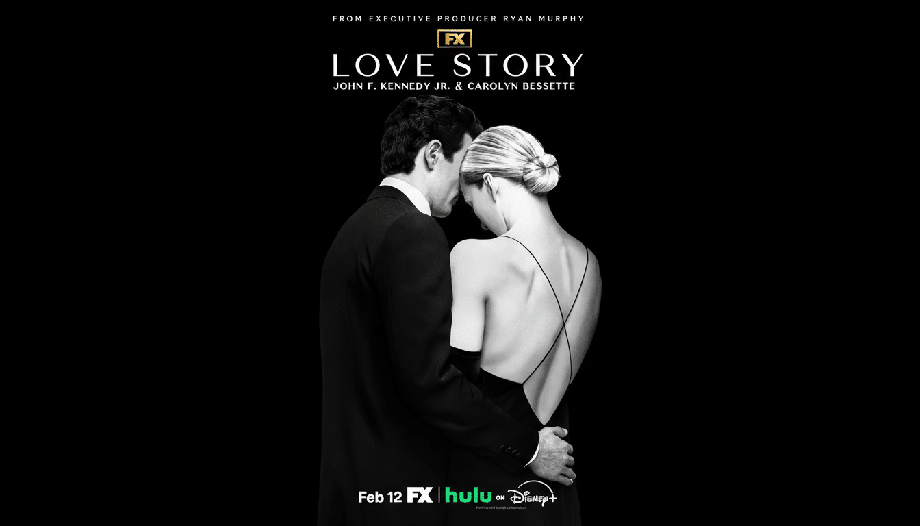 A black and white promotional image for Love Story featuring John F. Kennedy Jr. and Carolyn Bessette. The image shows a man in a suit embracing a woman in a backless dress, with their backs to the viewer. The title LOVE STORY is prominently displayed above them, along with JOHN F. KENNEDY JR. & CAROLYN BESSETTE and streaming service logos at the bottom.