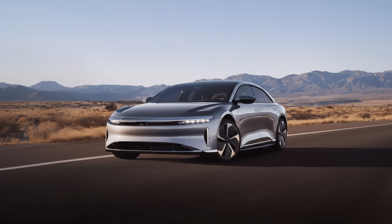 A silver Lucid Air electric car is parked on a desert road with mountains in the background, resized to a 16:9 aspect ratio.