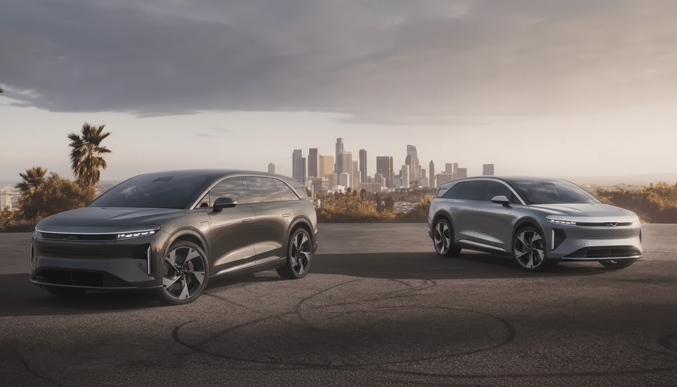 Two Lucid Gravity electric SUVs, one green and one silver, parked on an asphalt surface with a city skyline in the background.