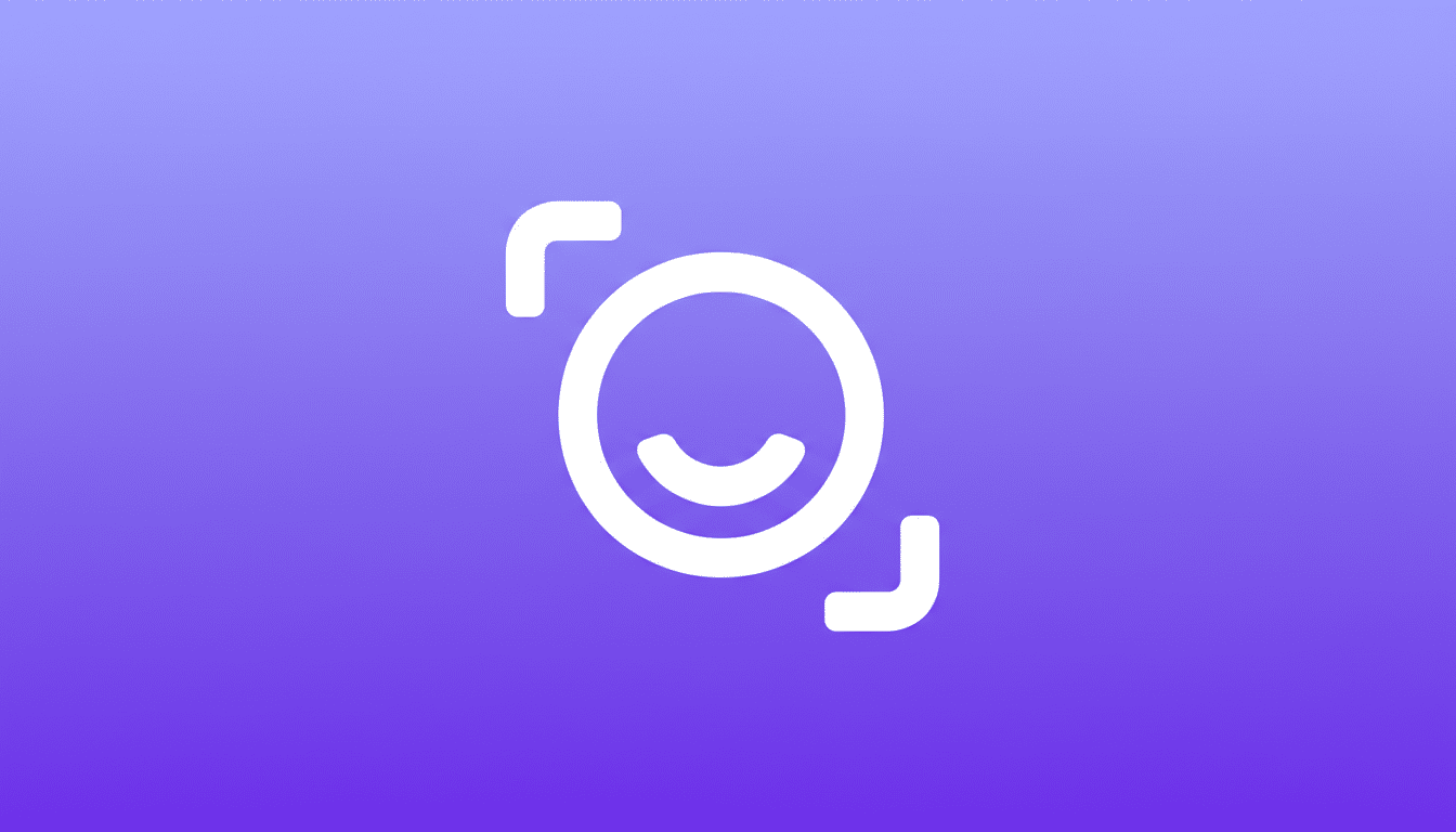 A white icon resembling a camera lens with a smiling face inside, set against a professional purple gradient background.