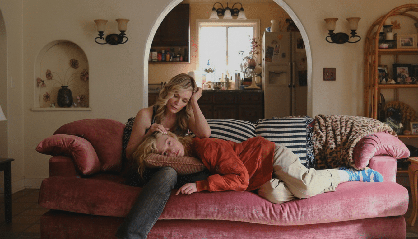 A woman with blonde hair sits on a pink couch, gently touching the head of a younger blonde person who is lying with their head in her lap.