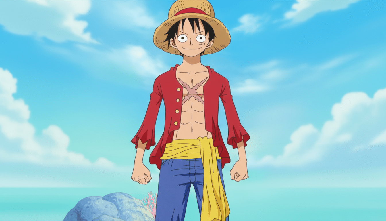 Monkey D. Luffy from One Piece, wearing a straw hat, red shirt, blue shorts, and yellow sash, standing against a blue sky with clouds and a hint of an island.