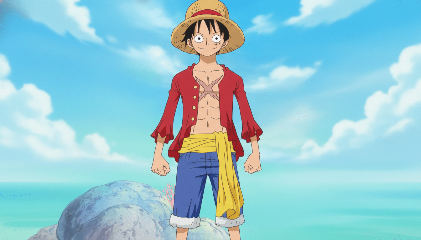 Monkey D. Luffy from One Piece, standing on a beach with a blue sky and ocean in the background.
