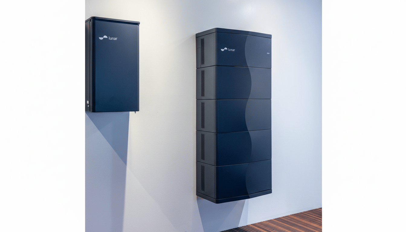 Two dark gray Lunar energy storage units are mounted on a white wall, with a wooden floor visible at the bottom right.