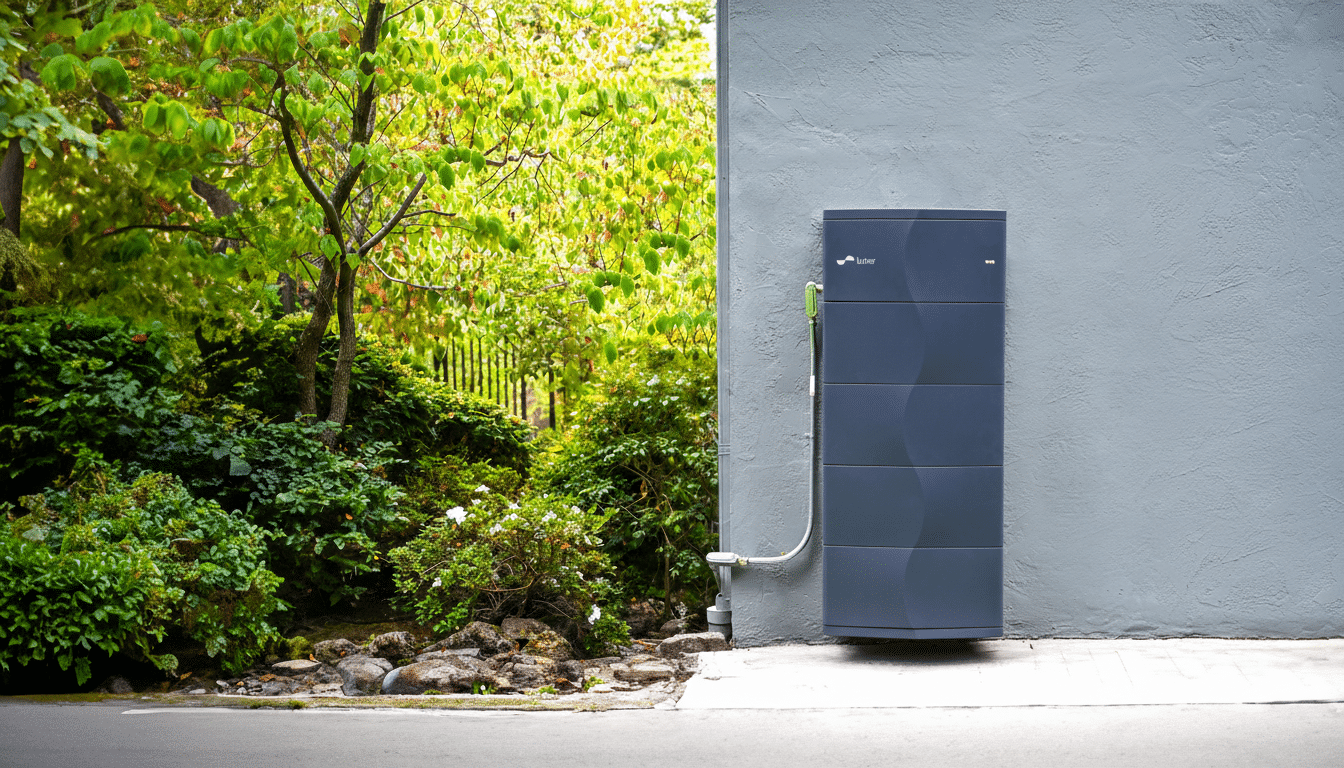 A dark gray, rectangular home battery unit mounted on a light gray wall, with lush green foliage and trees visible to the left.