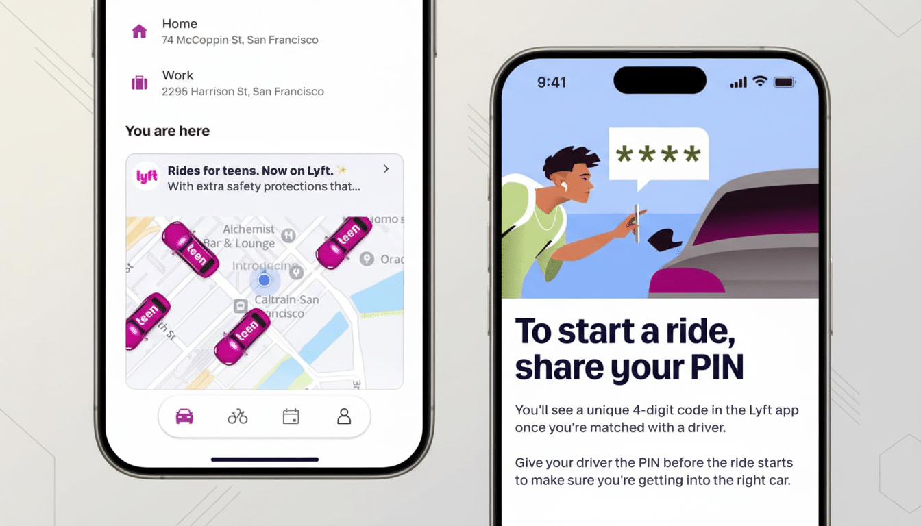 A 16:9 aspect ratio image showing two smartphone screens. The left screen displays a Lyft app interface with Rides for teens and a map showing cars labeled teen. The right screen shows a Lyft app interface with an illustration of a person sharing a PIN to start a ride.