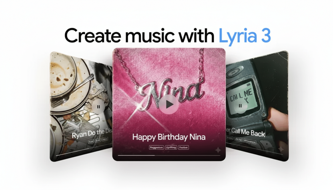 An image with the text Create music with Lyria 3 at the top. Below it are three music player interfaces, with the central one featuring a Nina necklace on a pink background and the text Happy Birthday Nina.