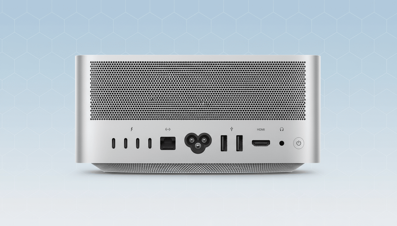 A silver Mac Studio desktop computer, viewed from the back, showcasing its various ports and power button, set against a professional light blue background with a subtle hexagonal pattern.