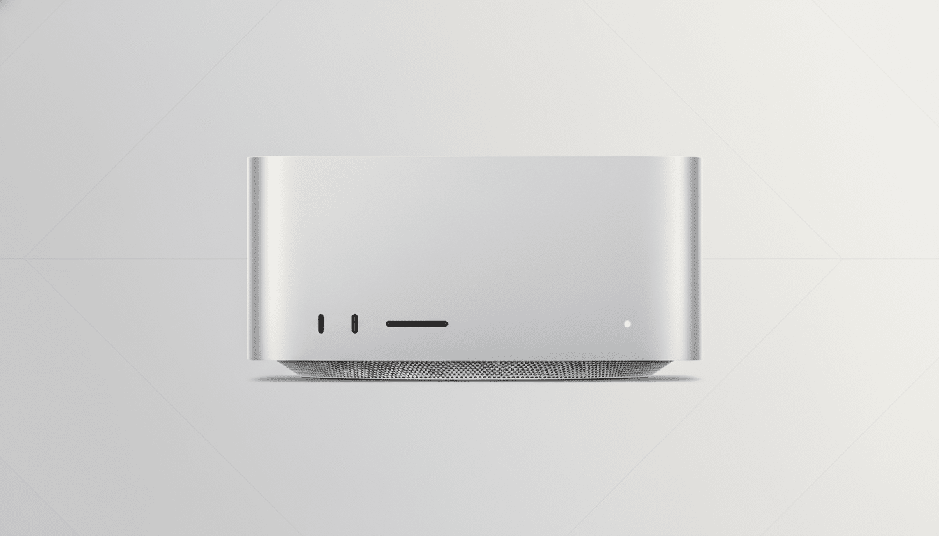 A silver Mac Studio desktop computer is centered on a light gray background with a subtle geometric pattern.