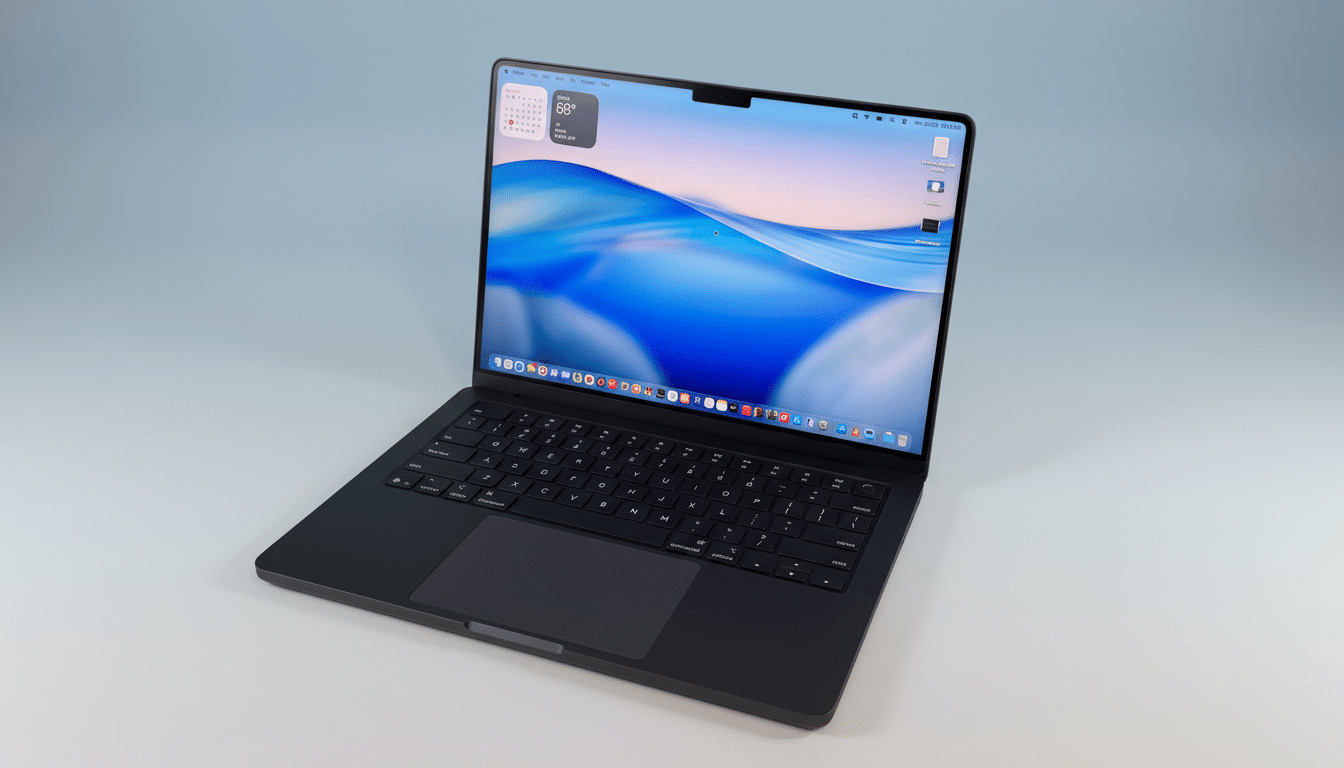 A black MacBook Pro with a blue and white wave-like desktop background, set against a professional light gray gradient background.