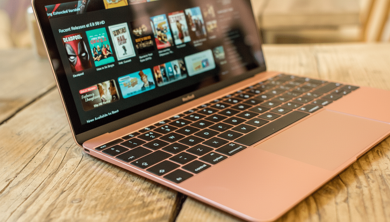 A rose gold MacBook on a wooden table, displaying movie titles on its screen.