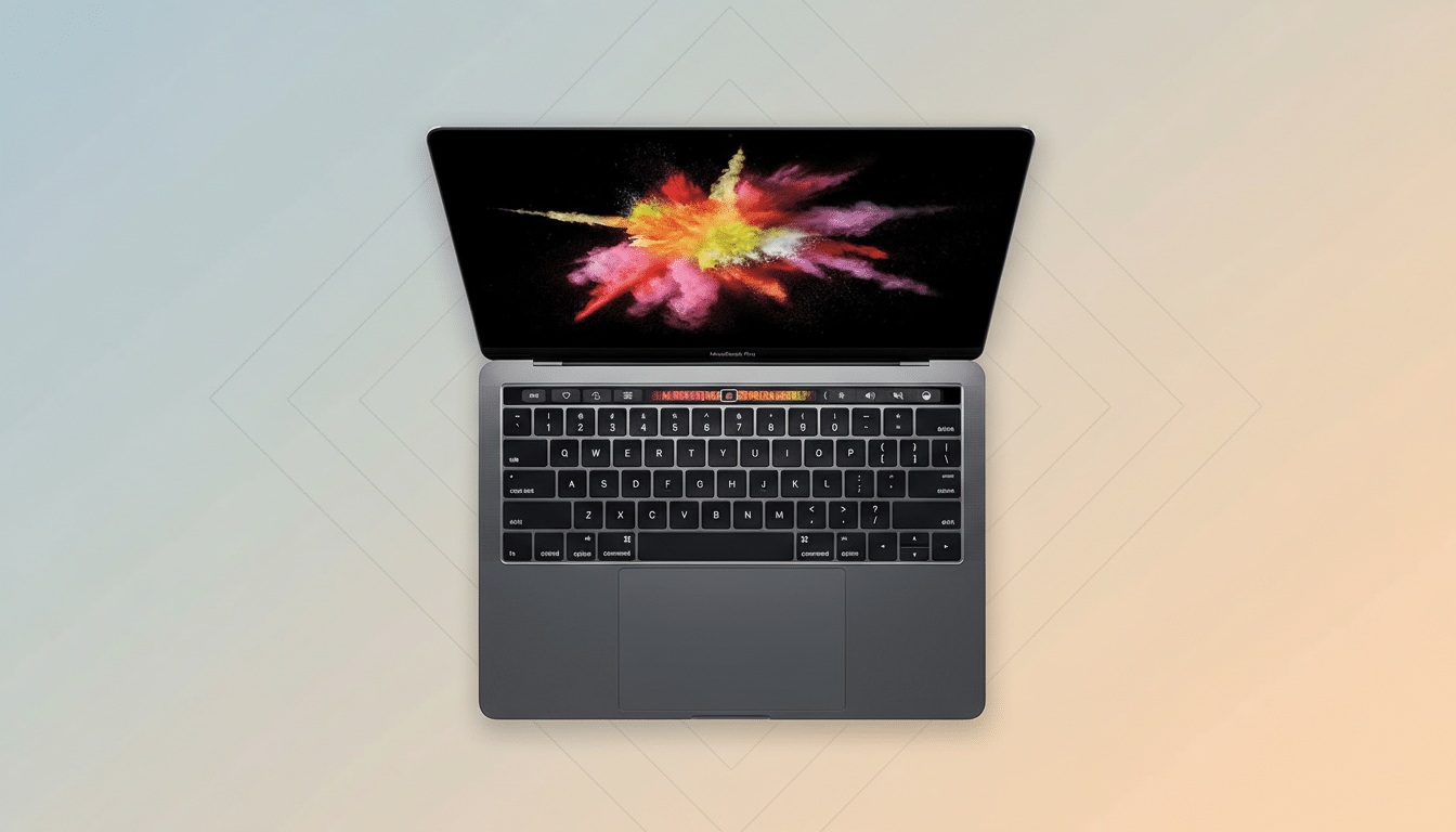 A top-down view of a silver MacBook Pro with its screen displaying a colorful explosion on a dark background, set against a professional flat design background with soft patterns and gradients.