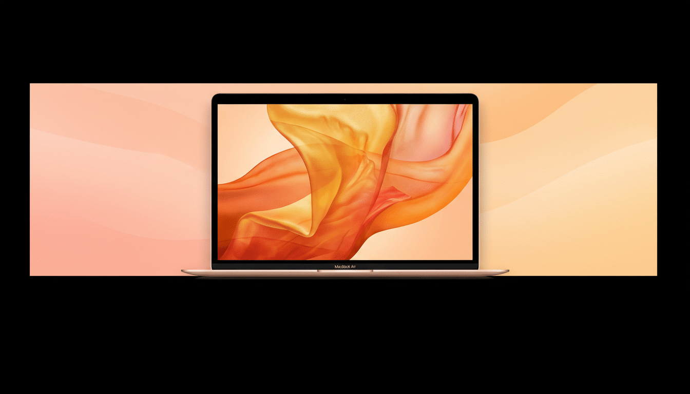 A gold MacBook Air laptop with a screen displaying flowing orange and yellow fabric, set against a professional flat design background with soft orange and pink gradients and subtle wave patterns.