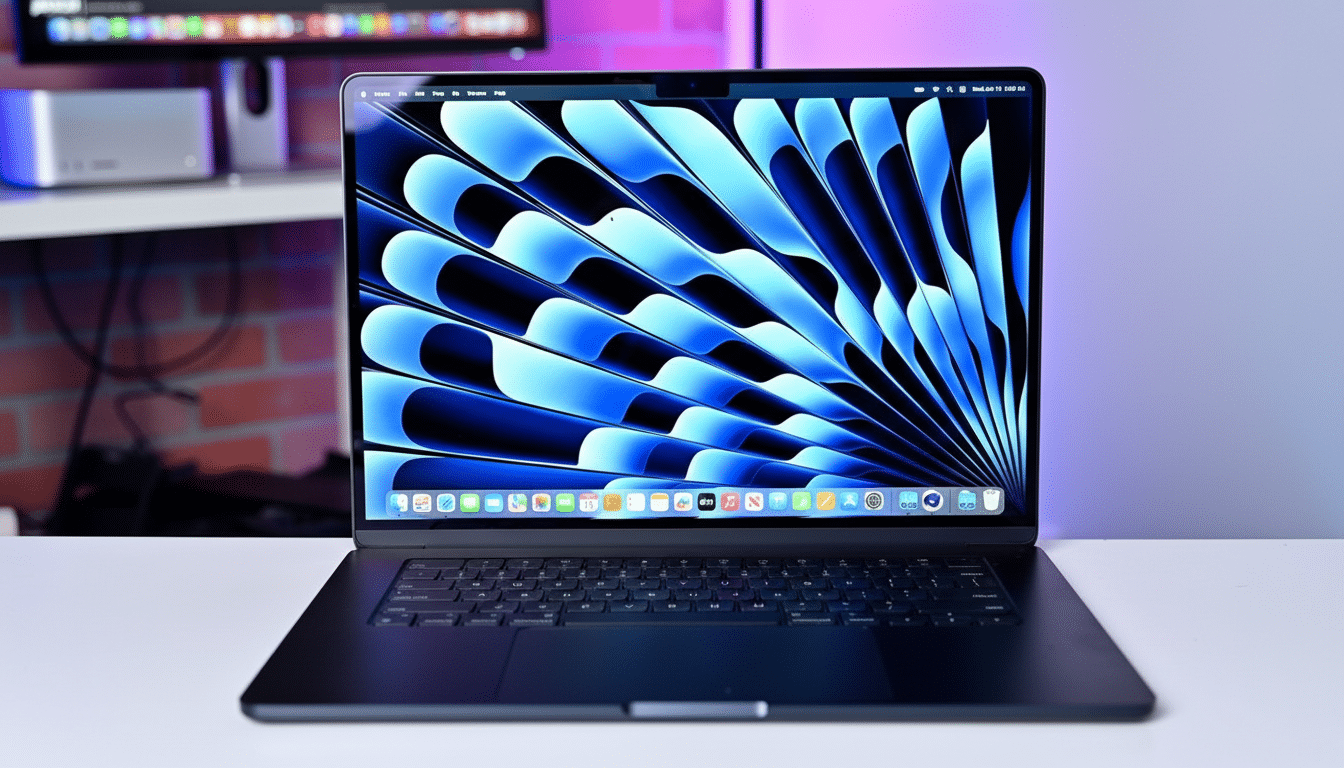A dark gray MacBook Pro with a blue and black abstract wallpaper displayed on its screen, set against a blurred background of a desk with a monitor and a brick wall.