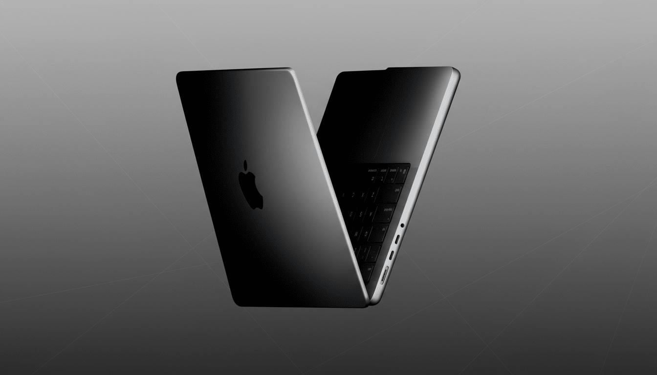 A sleek, dark gray MacBook Pro is shown partially open, angled against a professional flat gray background with subtle geometric patterns. The Apple logo is visible on the lid, and the keyboard and side ports are partially visible.