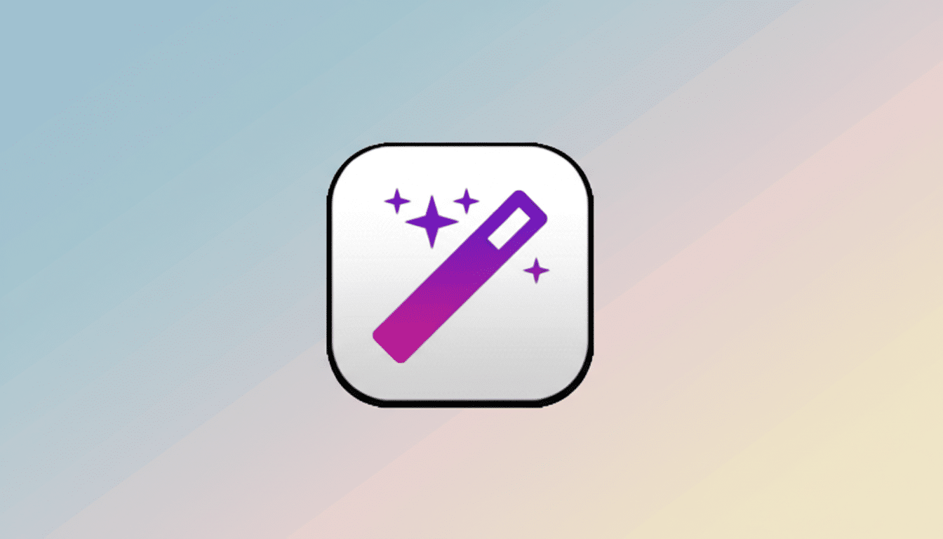 A white rounded square app icon with a purple gradient magic wand and three purple stars, set against a professional flat design background with soft, subtle gradients in light blue, pink, and yellow.