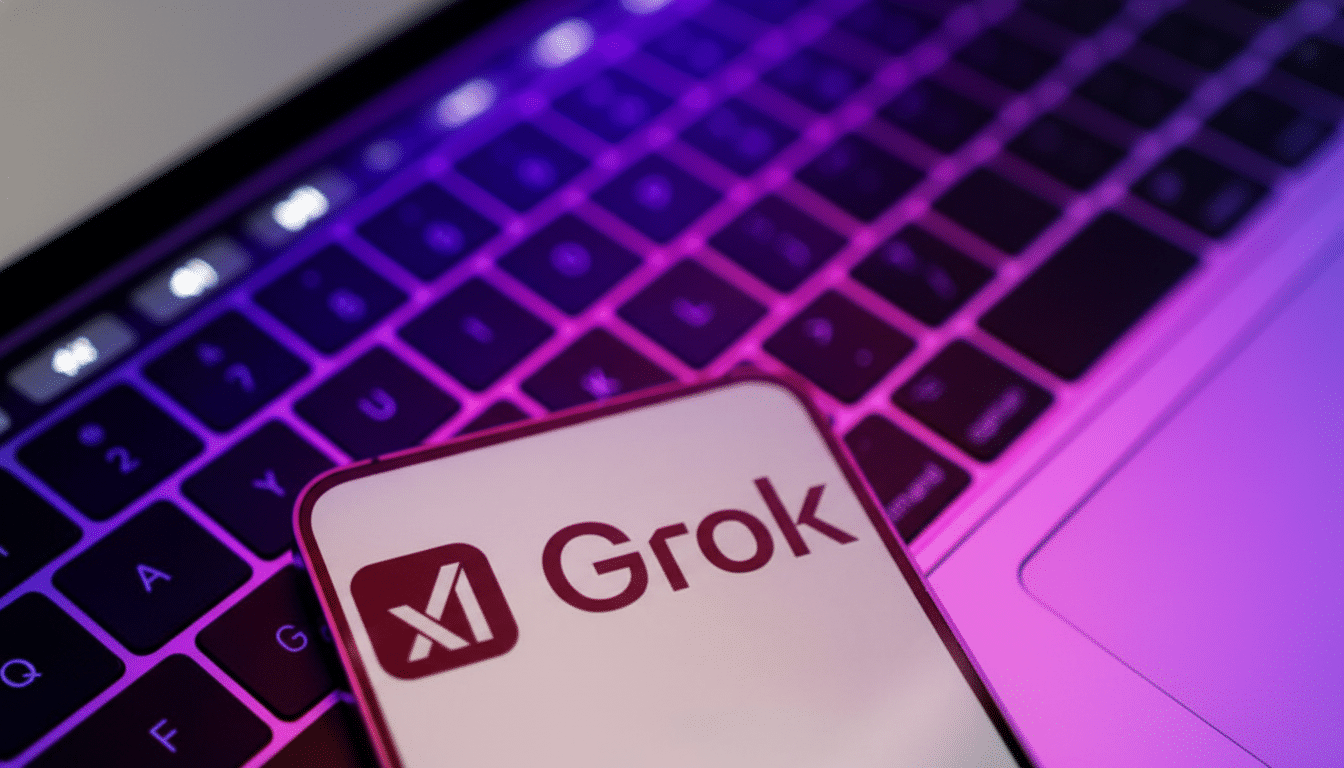 A smartphone displaying the Grok logo and name, resting on a laptop keyboard with purple and blue backlighting.