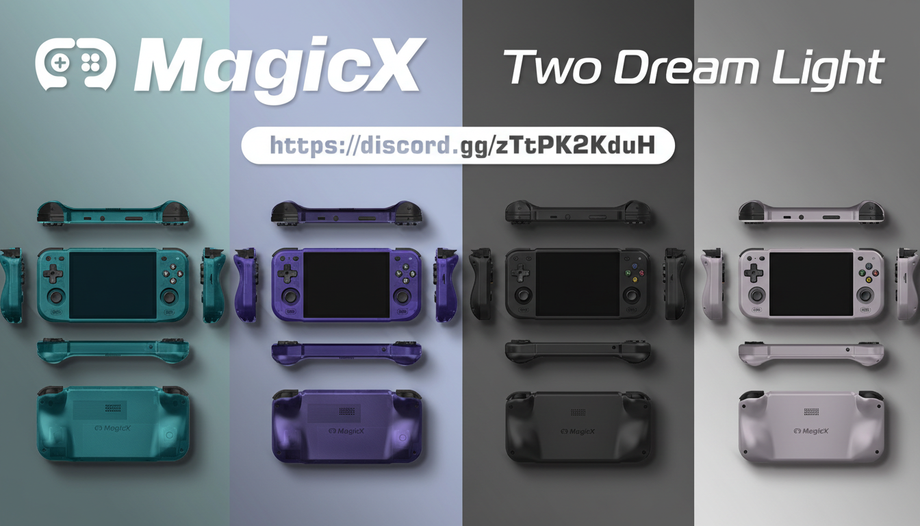 A 16:9 aspect ratio image showcasing four different color variations of the MagicX handheld gaming console, each displayed from multiple angles. The colors are teal, purple, black, and light grey. The image also features the MagicX logo, Two Dream Light text, and a Discord link.