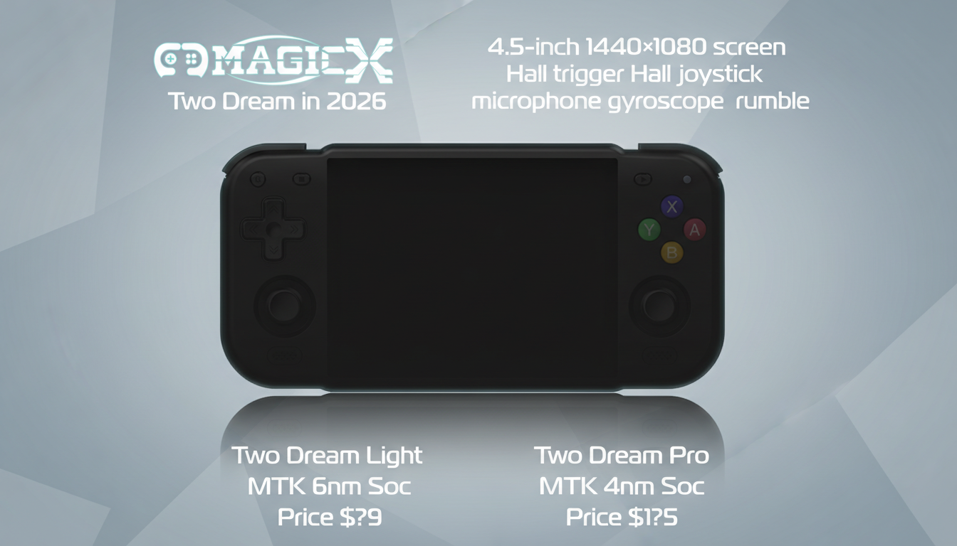 A black handheld gaming console with a dark screen, featuring a directional pad on the left and four colored action buttons (A, B, X, Y) on the right. The console is centered on a gradient background that transitions from light gray to dark gray, with text above and below detailing its features and two different models, Two Dream Light and Two Dream Pro, with their respective specifications and prices.