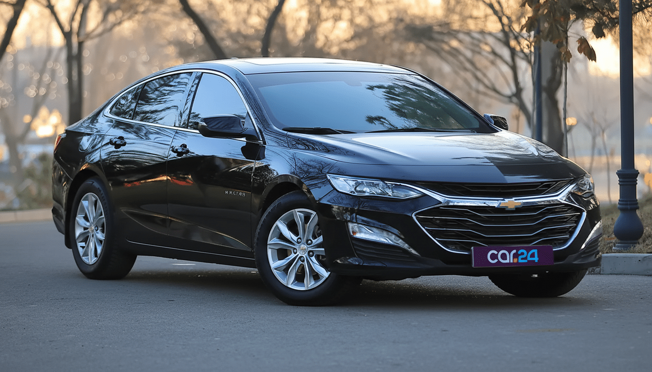 A black Chevrolet Malibu parked on an asphalt road with trees and a street light in the background, resized to a 16:9 aspect ratio.