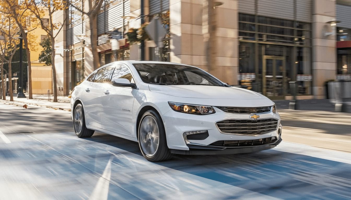 A white Chevrolet Malibu driving on a city street with buildings and trees in the background.