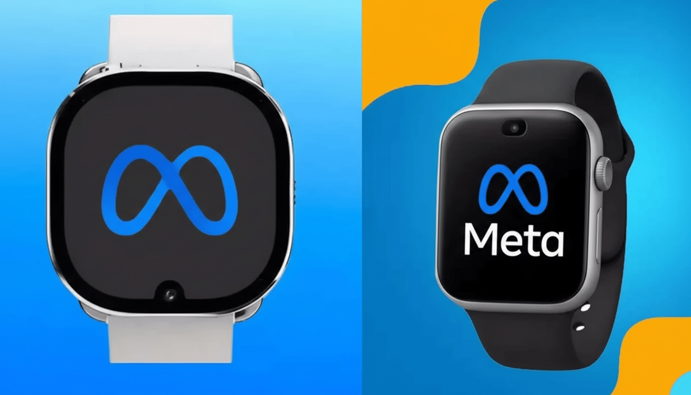 Two smartwatches, one white and one black, both displaying the Meta logo.