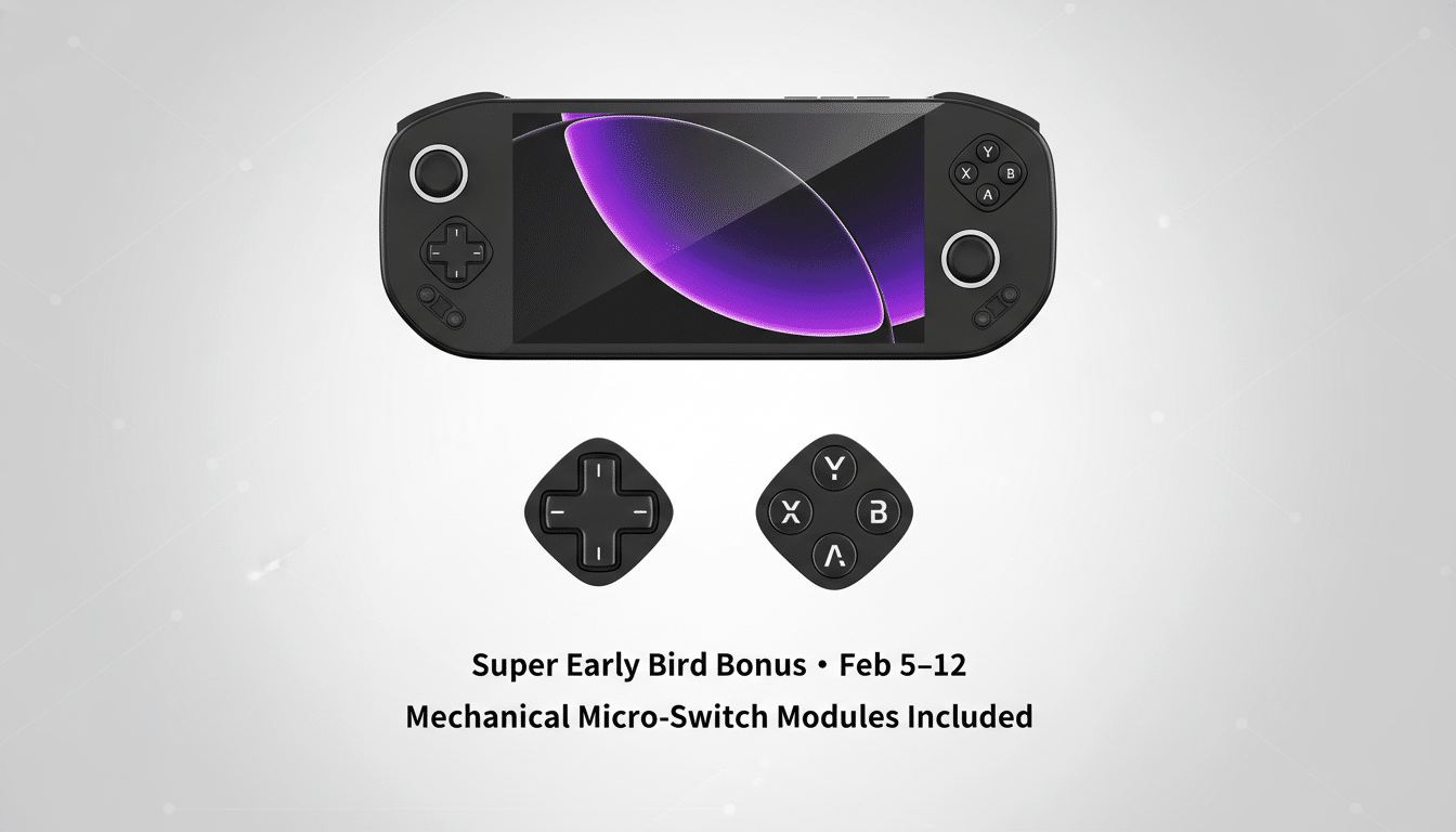 A black handheld gaming console with a purple screen, along with two detachable control modules, displayed on a professional light gray background with subtle geometric patterns. Below the console, text reads Super Early Bird Bonus • Feb 5–12 and Mechanical Micro-Switch Modules Included.