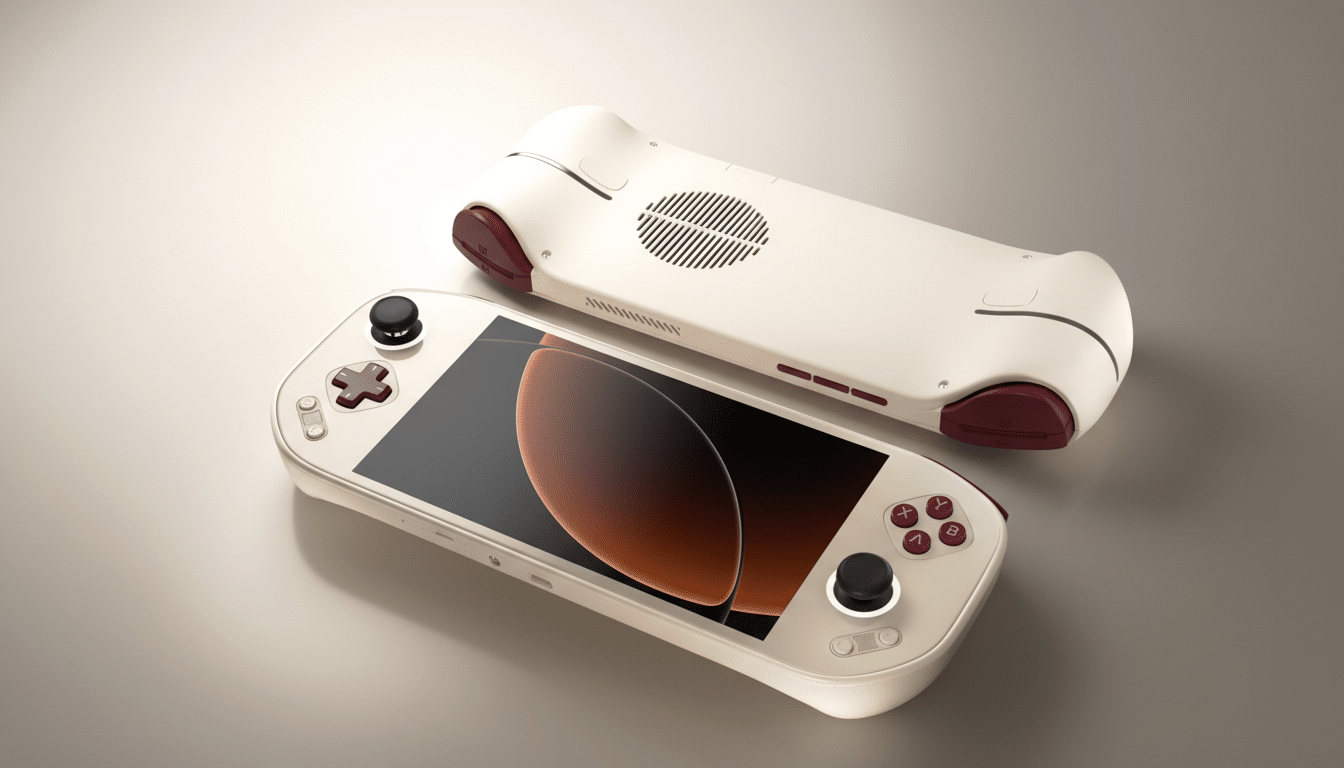 A professional, enhanced image of two cream-colored handheld gaming consoles with maroon accents, one facing up and the other facing down, set against a clean, light background.