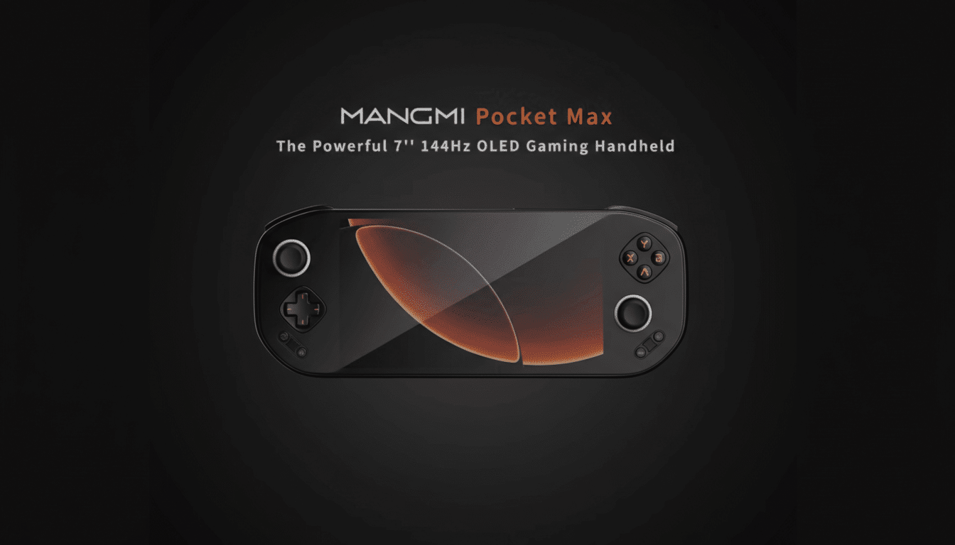 A black Mangmi Pocket Max gaming handheld with an orange and black screen, centered on a dark gray background with the text MANGMI Pocket Max The Powerful 7 144Hz OLED Gaming Handheld above it.