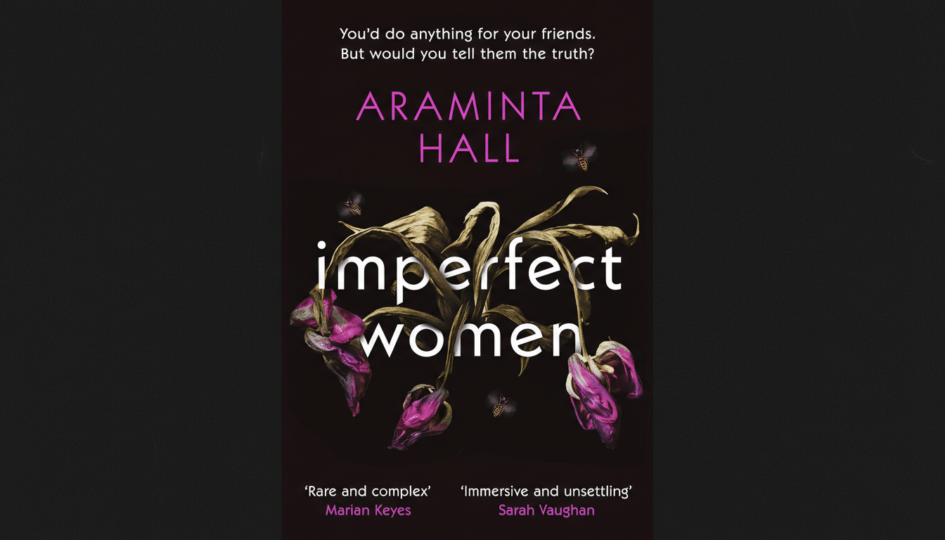 The book cover for Imperfect Women by Araminta Hall, featuring the title in white over a dark background with dried purple flowers and small insects. The top of the cover has the text Youd do anything for your friends. But would you tell them the truth? and the bottom includes quotes from Marian Keyes and Sarah Vaughan. The image is resized to a 16:9 aspect ratio with the original background preserved.