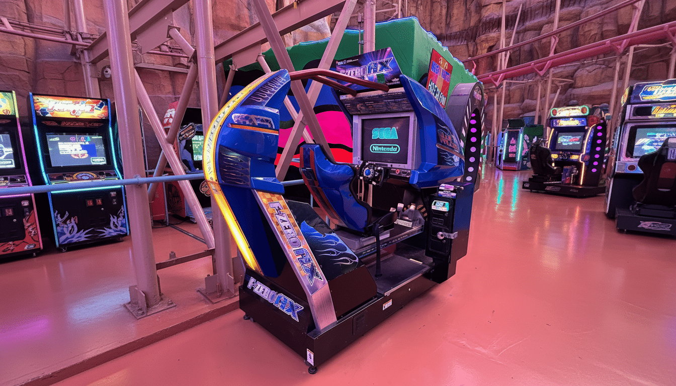 A blue F-Zero AX arcade racing game cabinet with a screen displaying SEGA and Nintendo logos, set in an arcade with other game machines and a roller coaster track in the background.