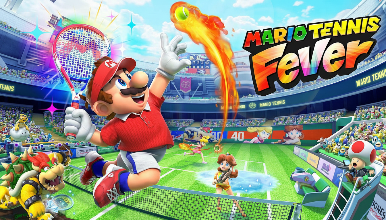 Mario Tennis Fever game art featuring Mario mid-air with a tennis racket, surrounded by other characters on a tennis court.