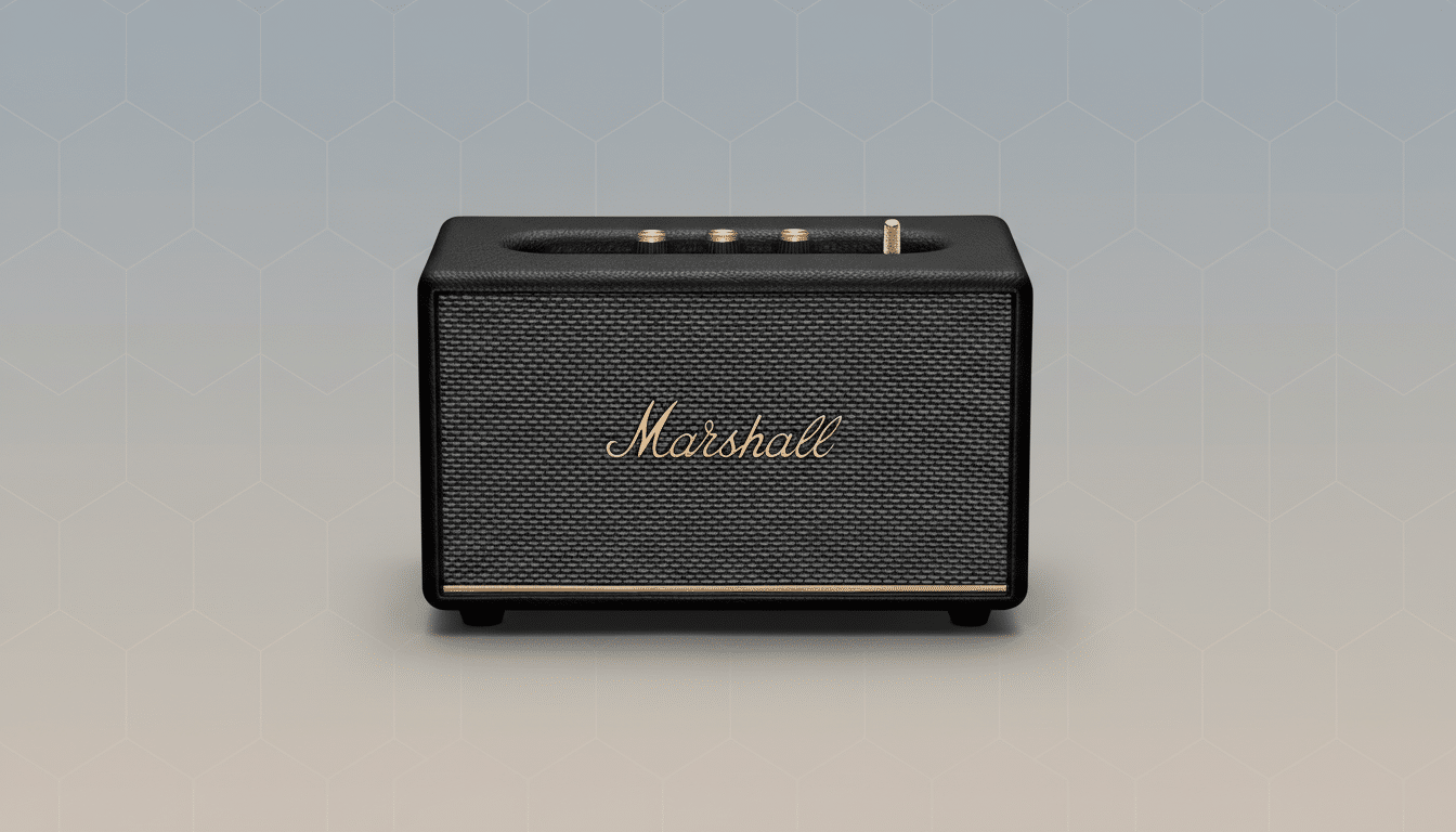 A black Marshall speaker with gold accents on a professional flat design background with soft geometric patterns.