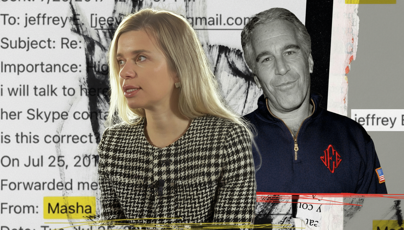 A woman with blonde hair in a patterned jacket is shown in the foreground, with a black and white image of Jeffrey Epstein in a blue jacket behind her, superimposed over an email interface.