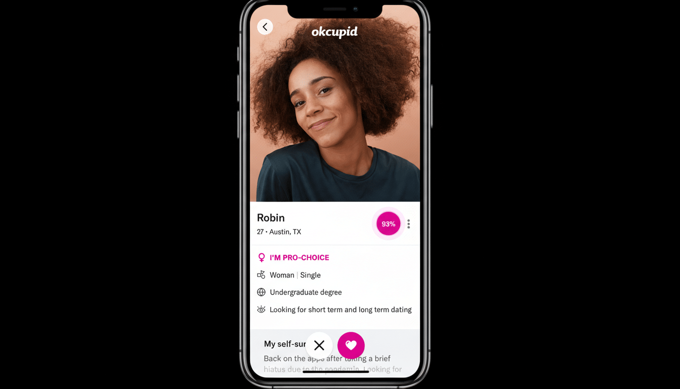 A smartphone displaying an OkCupid profile for a woman named Robin, resized to a 16:9 aspect ratio.