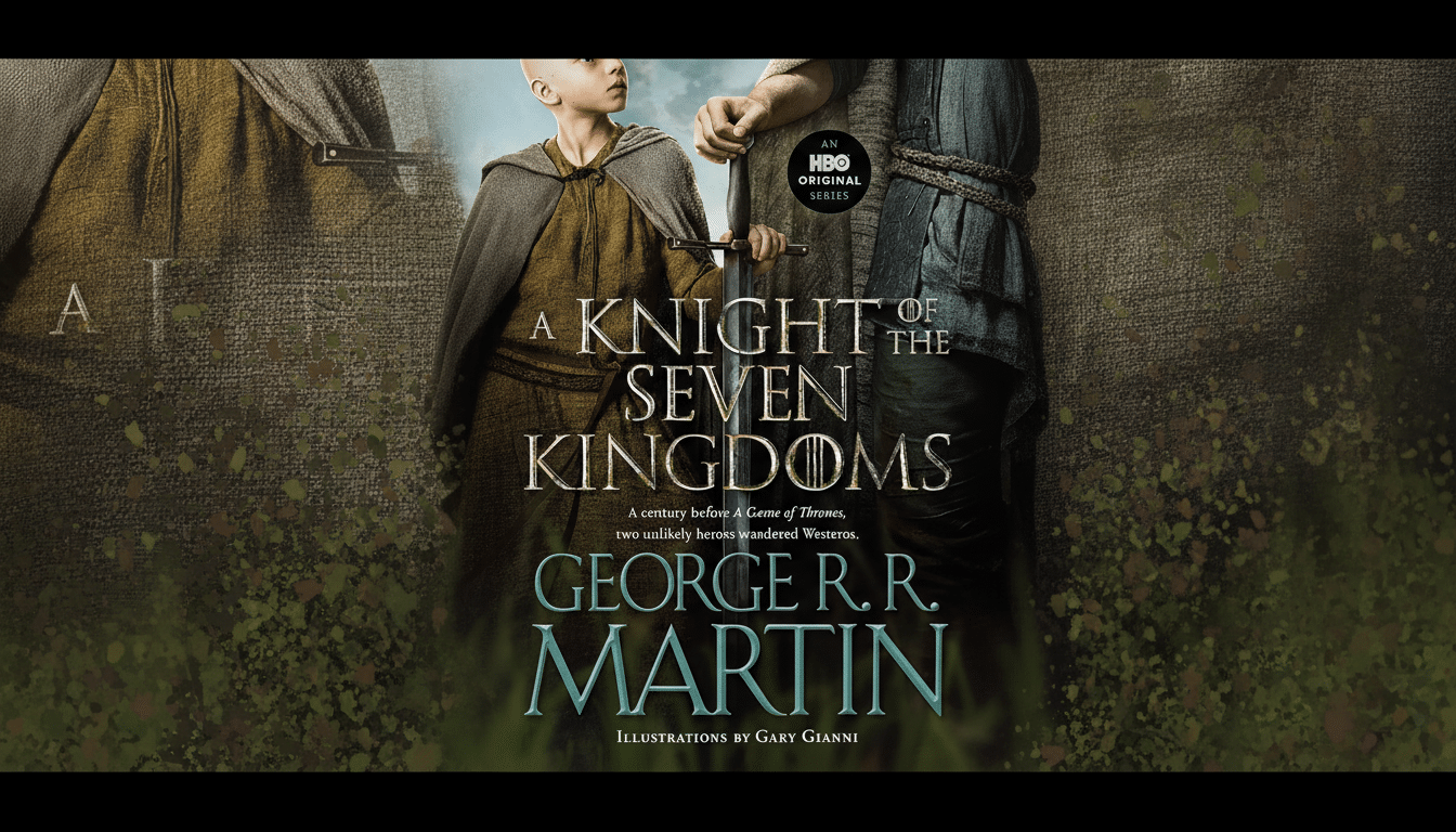 The book cover for A Knight of the Seven Kingdoms by George R.R. Martin, featuring a young, bald boy in a tunic and cape holding a sword, standing next to an adult whose hand is also on the sword. The HBO Original Series logo is visible. The image has been resized to a 16:9 aspect ratio.