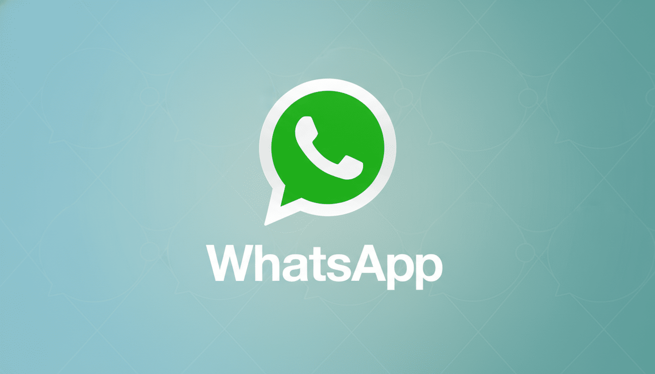 The WhatsApp logo and name are centered on a light blue background with a subtle geometric pattern.