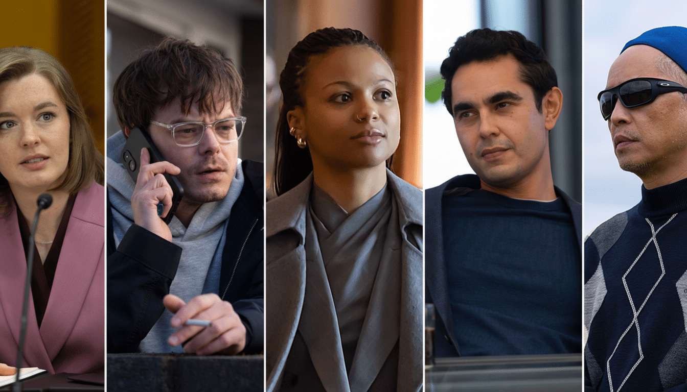 A collage of five individual portraits, each featuring a different person. From left to right: a woman with blonde hair in a pink blazer, a man with glasses on a phone call, a woman with braided hair looking to the side, a man with dark hair looking to the side, and a man in a blue beanie and sunglasses.