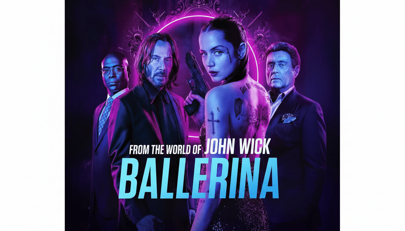 A 16:9 aspect ratio image of the From the World of John Wick Ballerina DVD cover, featuring four characters, with the central female character holding a gun and the title text prominently displayed.