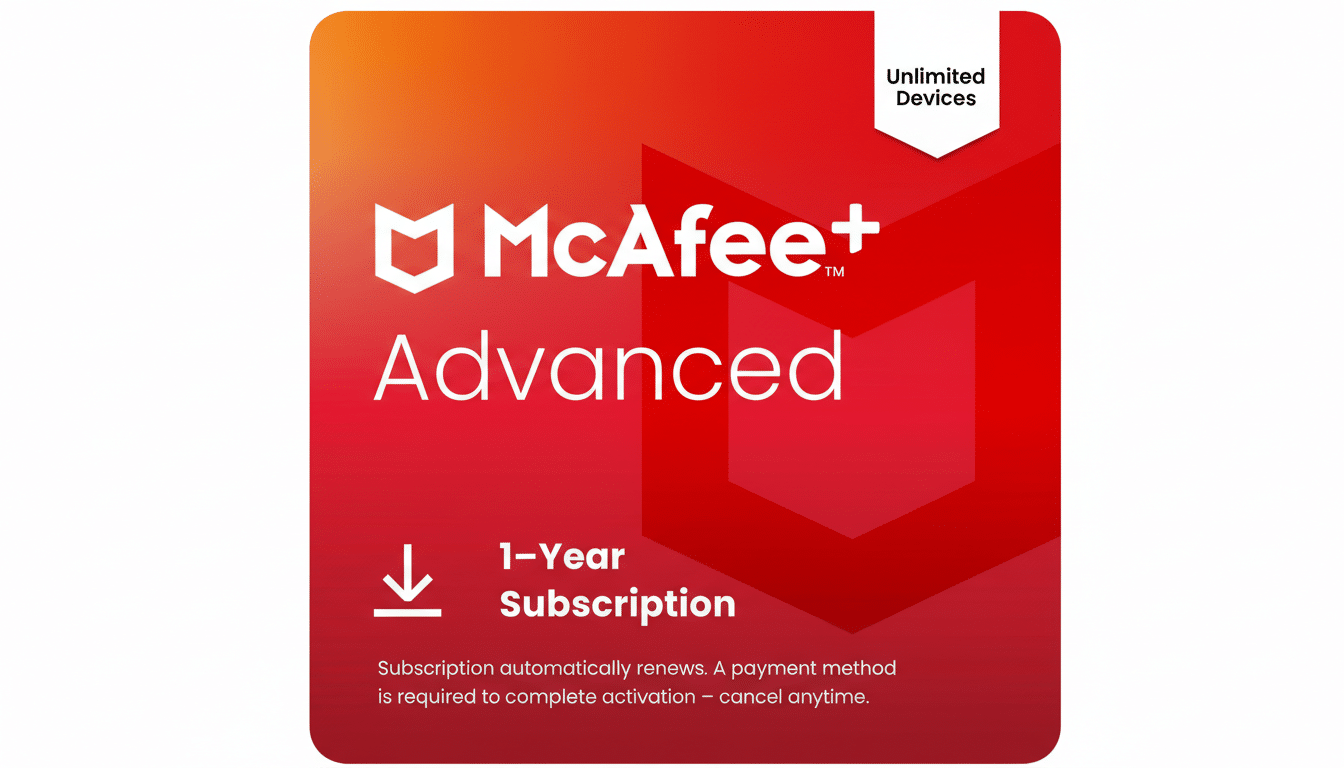 A McAfee+ Advanced 1-Year Subscription card with Unlimited Devices in the top right corner, set against a professional white background.