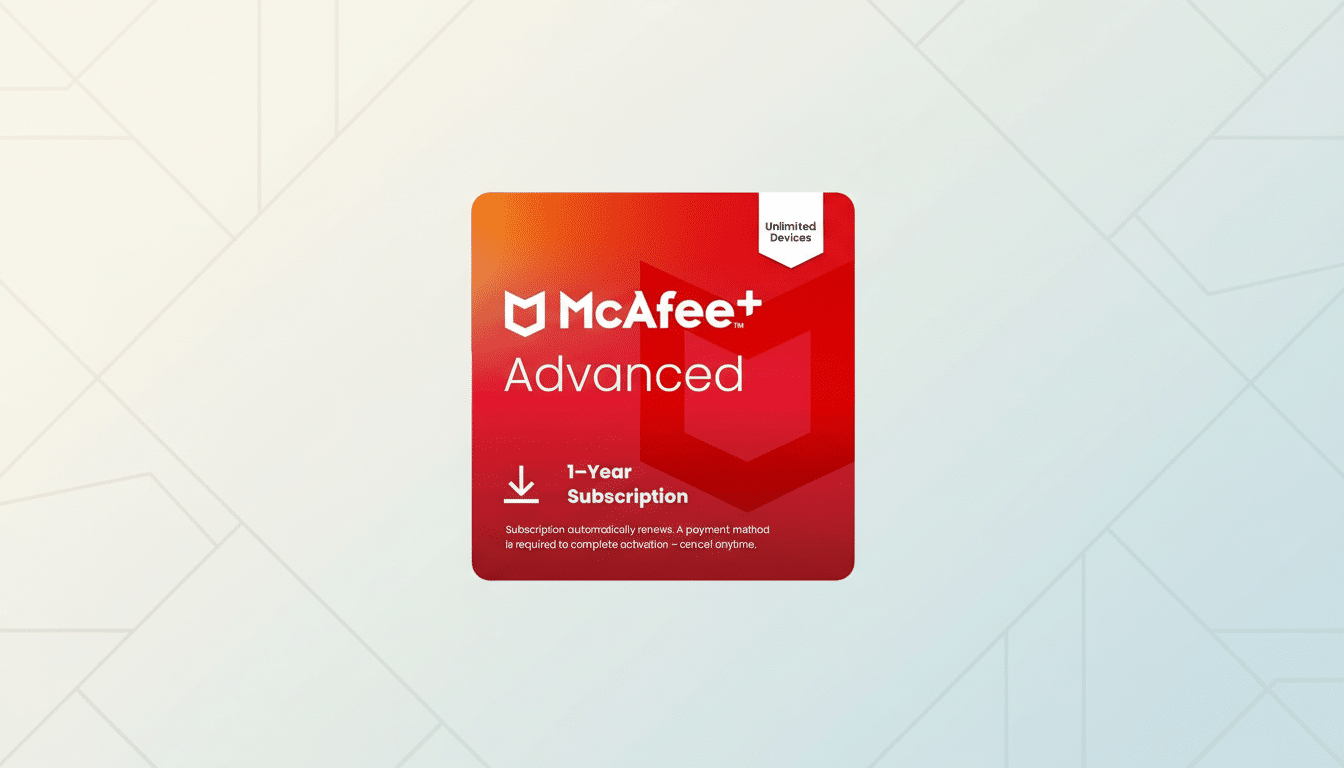 A McAfee+ Advanced 1-Year Subscription product box is centered on a professional flat design background with soft geometric patterns.
