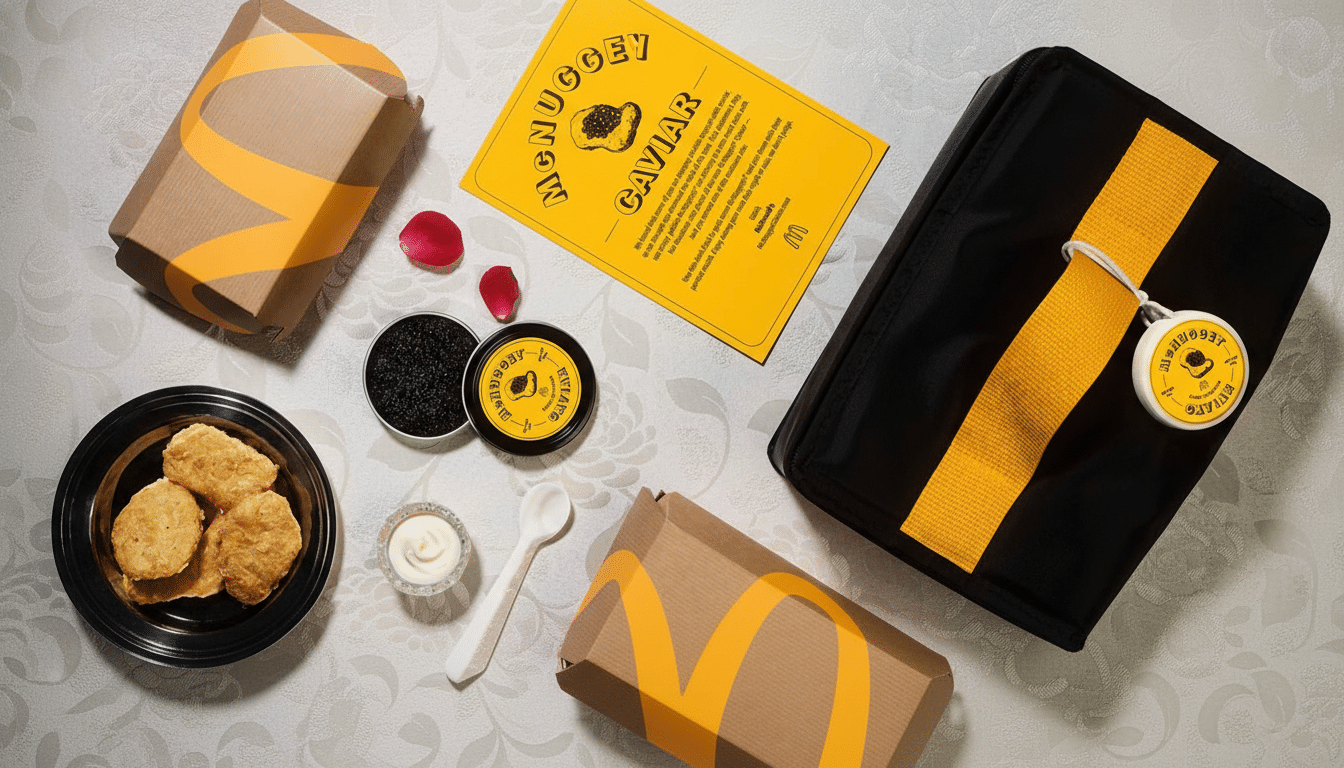 A flat lay of McDonalds McNugget Caviar meal, featuring a black container of caviar, a small white dish of sauce, a white spoon, a black bowl of McNuggets, two McDonalds branded boxes, a yellow McNugget Caviar card, and a black carrying case with a yellow strap and a circular McNugget Caviar tag, all arranged on a light-colored patterned surface.