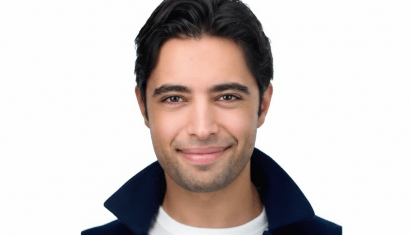 A headshot of a smiling man with dark hair and a dark blue collared jacket over a white shirt, set against a plain white background.