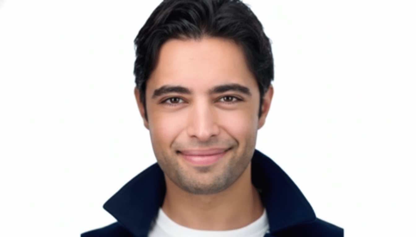 A smiling man with dark hair and a dark blue collared shirt over a white t-shirt, against a white background, resized to a 16:9 aspect ratio.