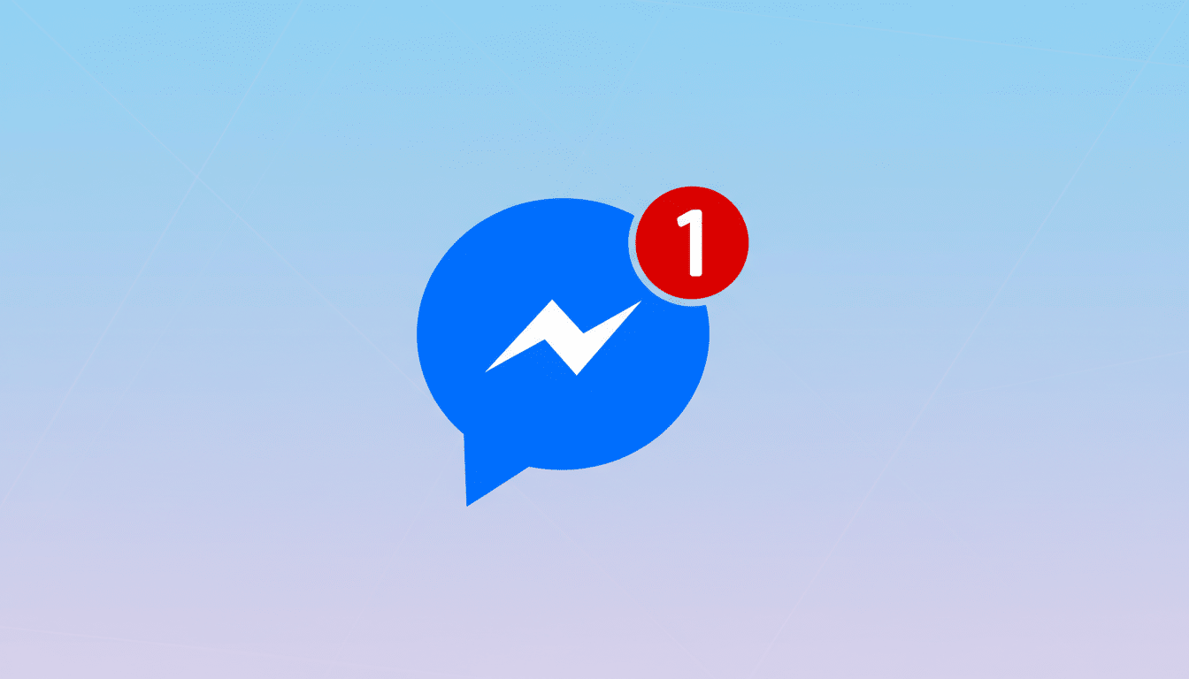 A blue chat bubble icon with a white lightning bolt, indicating the Facebook Messenger app, has a red notification circle with the number 1 on it. The background is a professional flat design with soft blue and purple gradients and subtle geometric patterns.
