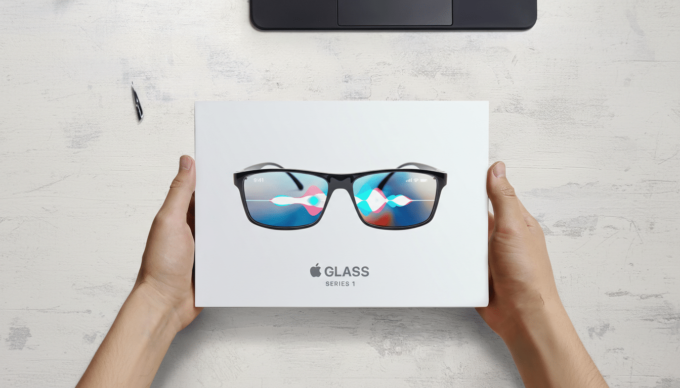 A pair of hands holding a white box with Apple Glass Series 1 written on it, featuring a pair of smart glasses with a digital assistant interface displayed on the lenses, set against a white wooden desk with a laptop visible at the top.