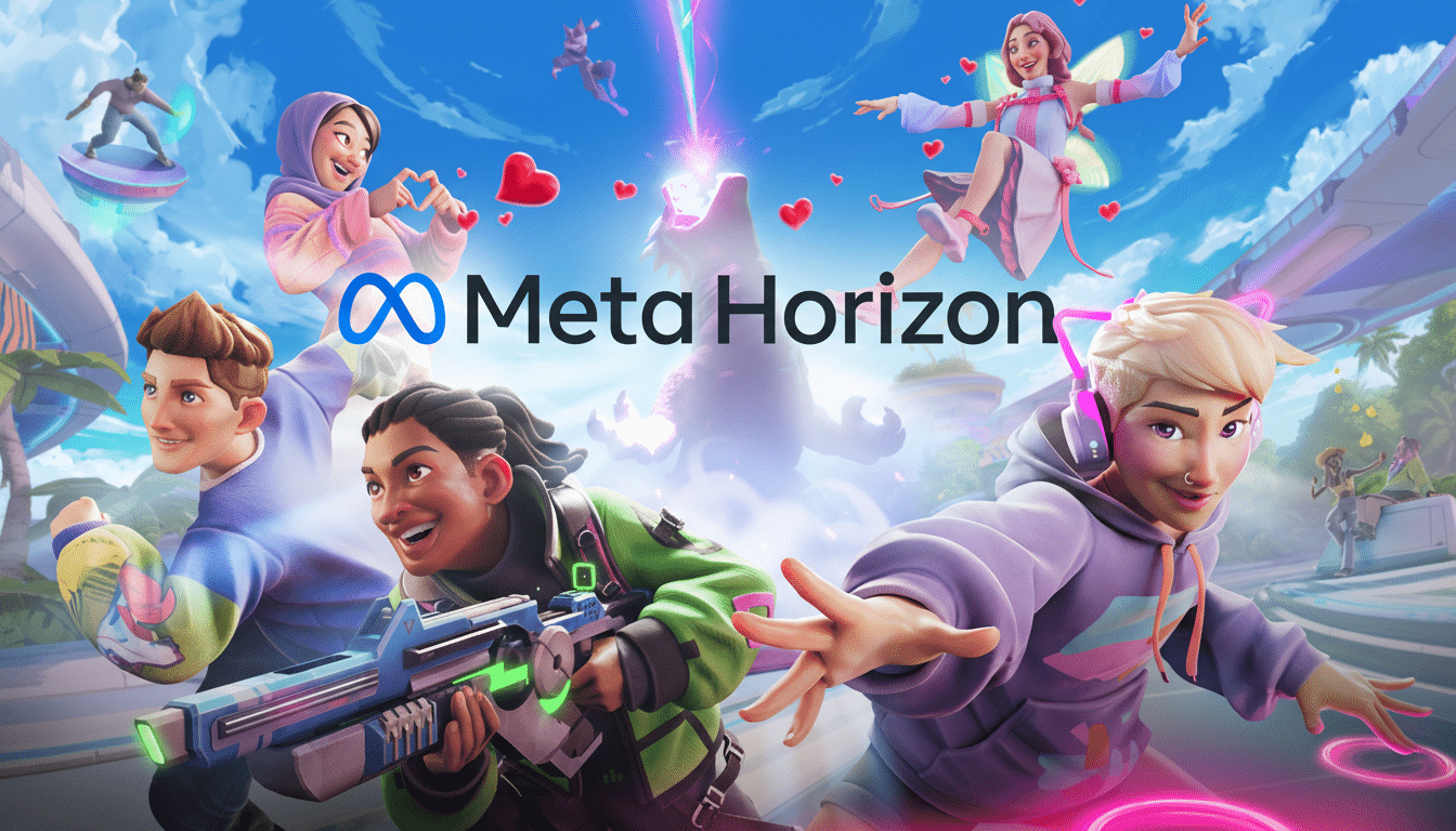 The Meta Horizon logo is displayed prominently in the center of the image, surrounded by various animated characters in a vibrant, fantastical setting.